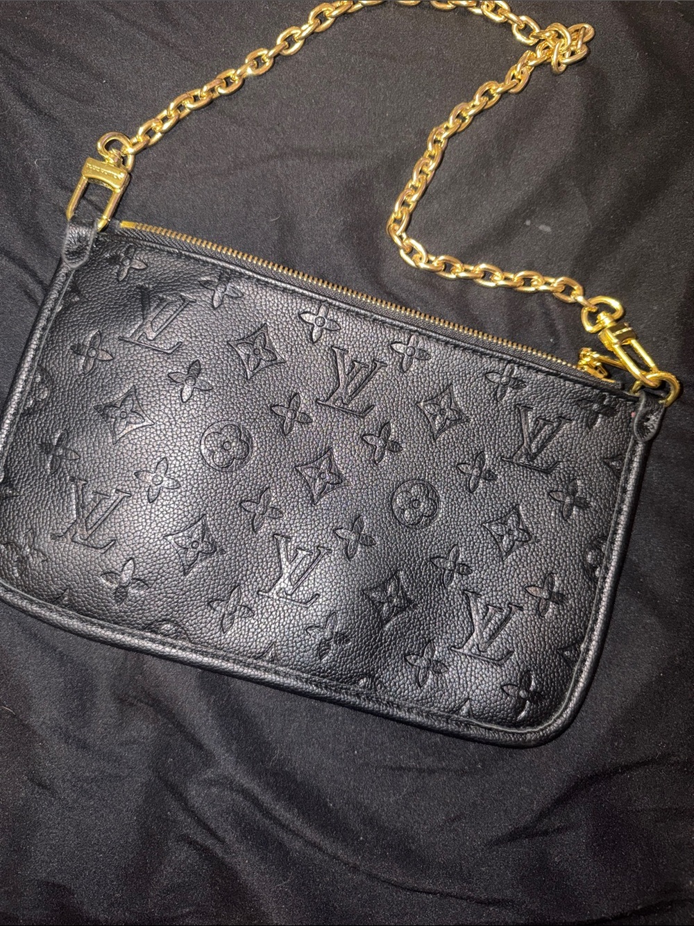 Louis Vuitton Black Embossed Monogram Leather Pouch with Gold Chain